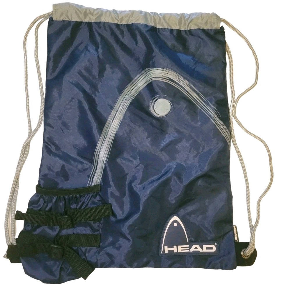 Vintage 90s HEAD Drawstring Gym Bag‎ Blue Nylon w/ Drink Holder 17x13.5